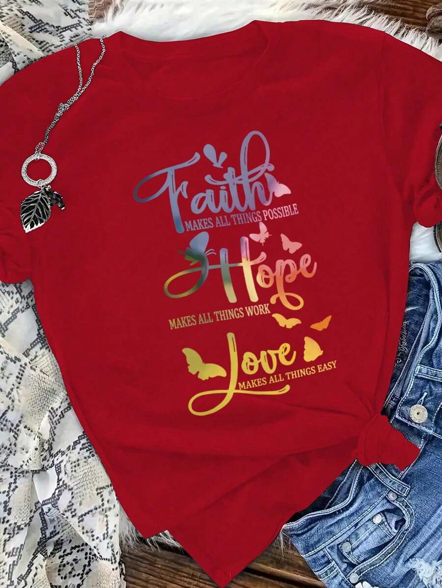 Calvaya Plus Size Slogan English Letter Print Okrągły dekolt Krótki rękaw T-shirt Wiara SPRAWIA, ŻE WSZYSTKO JEST MOŻLIWE Nadzieja SPRAWIA, ŻE WSZYSTKO DZIAŁA Miłość SPRAWIA, ŻE WSZYSTKO JEST ŁATWE Na Nowy Rok Damska koszulka z nadrukiem na lato