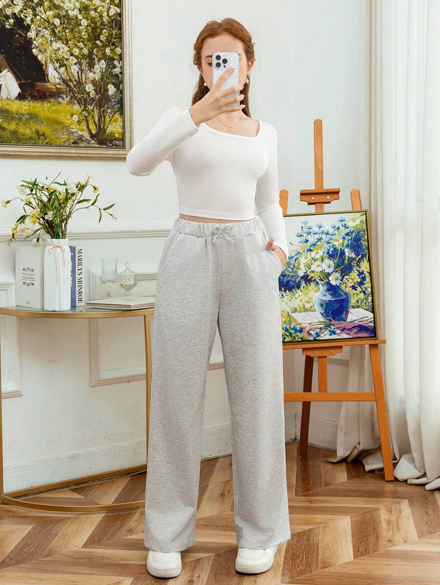 2pcs/Set Teenager V-Neck Slim Fit Long Sleeve Base Layer Top And Loose Waist Casual Sports Pants Suit