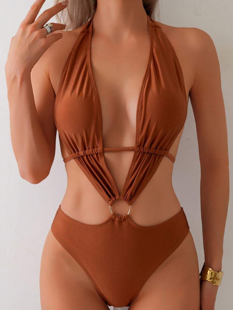 Swim SXY Ladies' Backless Pleated Knot Wireless Halter Neck One-Piece Swimsuit, Solid Color, Sexy Vacation Beach