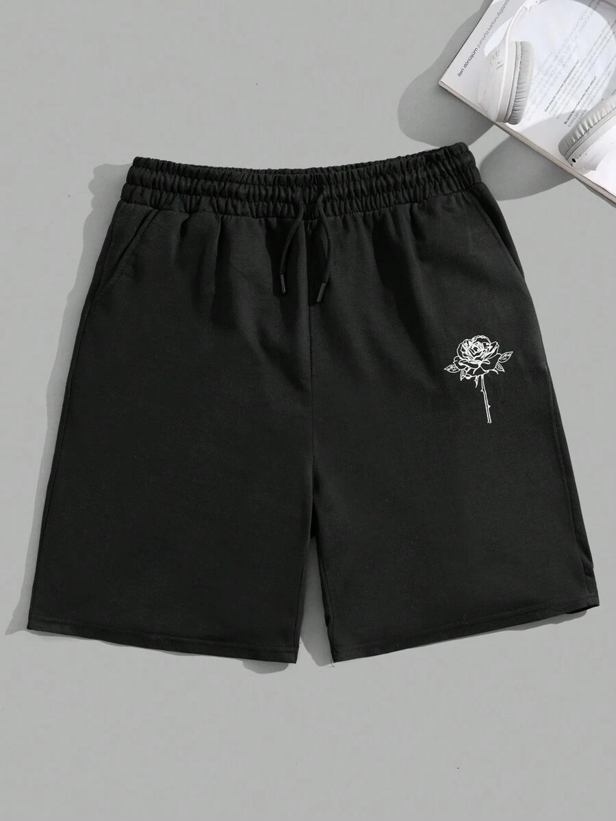 RueChic Shorts regulares para hombre con cordón y estampado de rosas en algodón