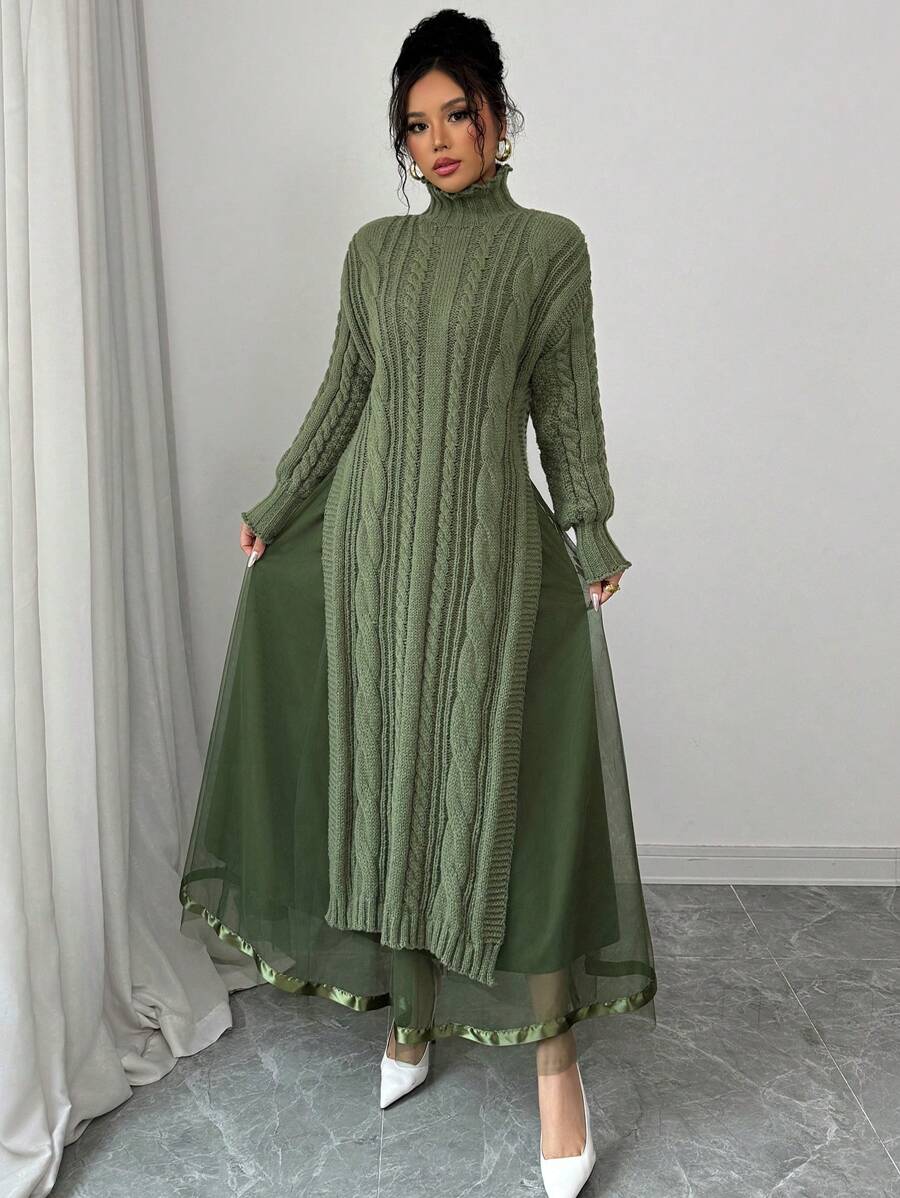 Calvaya High Neck Thick Sweater & Elegant Tulle Skirt 2pcs Set, Pullover Tops And Bottom Outfit, Autumn/Winter
