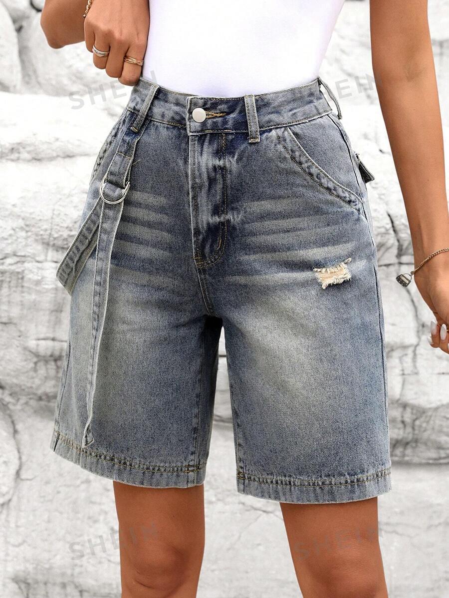 SHEIN LUNE Pantalones cortos vaqueros Bermuda casuales con bolsillos rotos para mujer