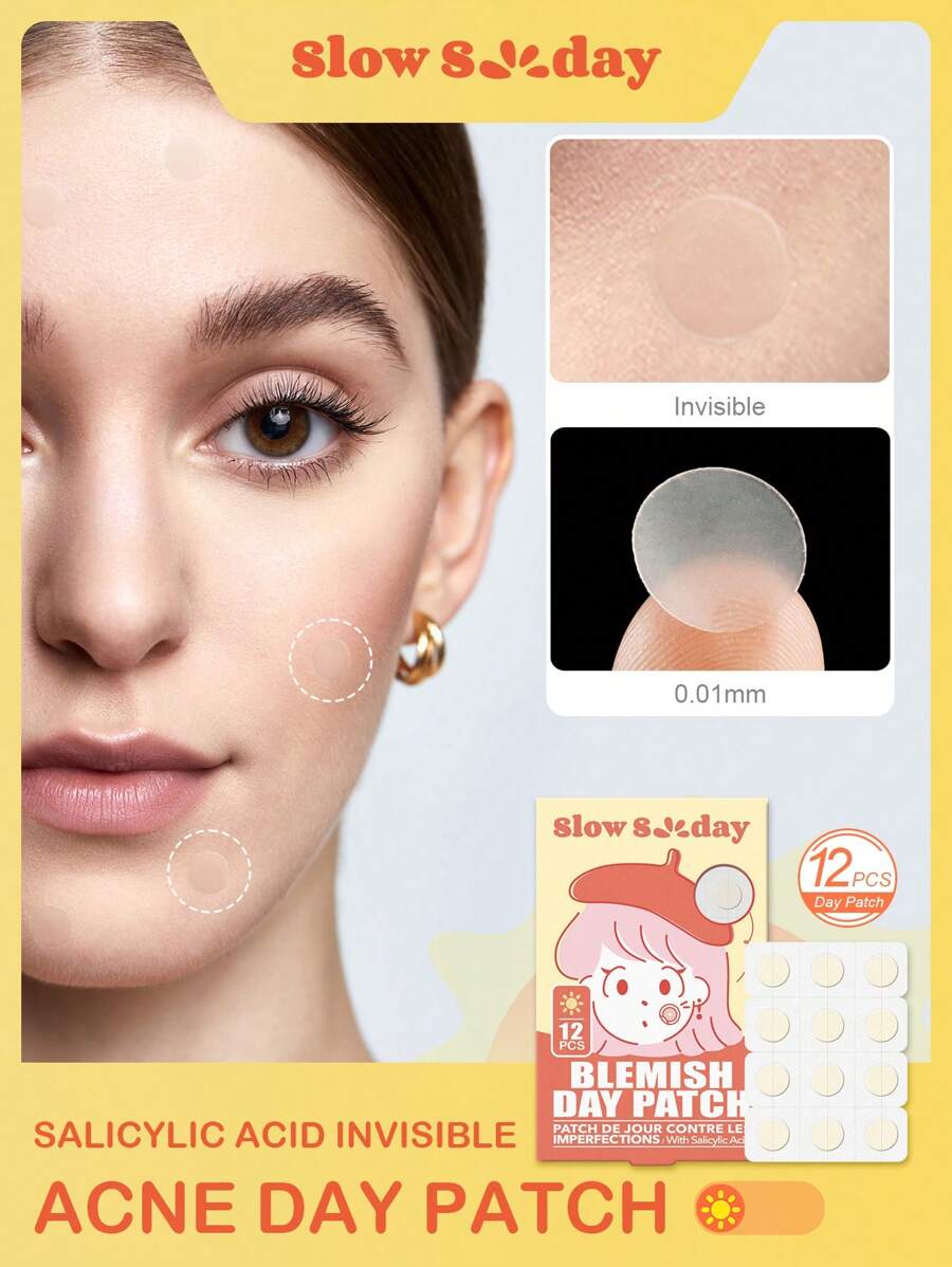 SlowSunday Parche diurno para espinillas y acné con hidrocoloide para el rostro, 12 piezas, parche impermeable y transpirable para cubrir acné, suave y no irritante, para cuidado facial, para cubrir granos y blemishes. Parches anti acné
