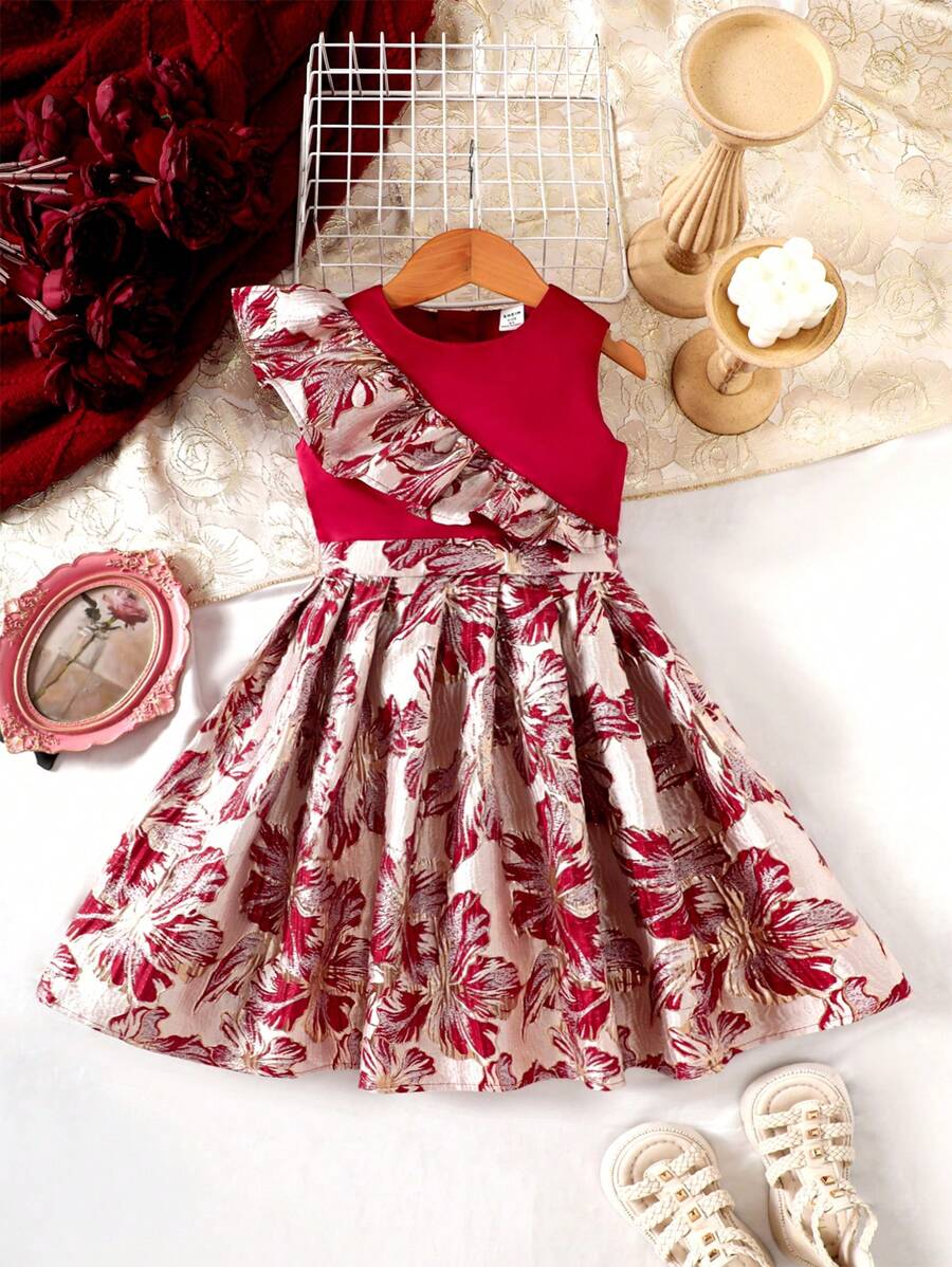 Vestido midi floral asimétrico de jacquard para niñas, elegante para fiestas y eventos, verano