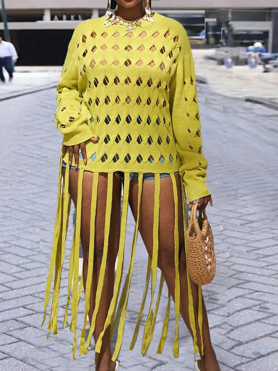 Slaydiva New 2025 Curve Fashionable Casual Women Autumn New Long Sleeve Knitted Hollow Tassels Round Neck Sweater Spring/Summer