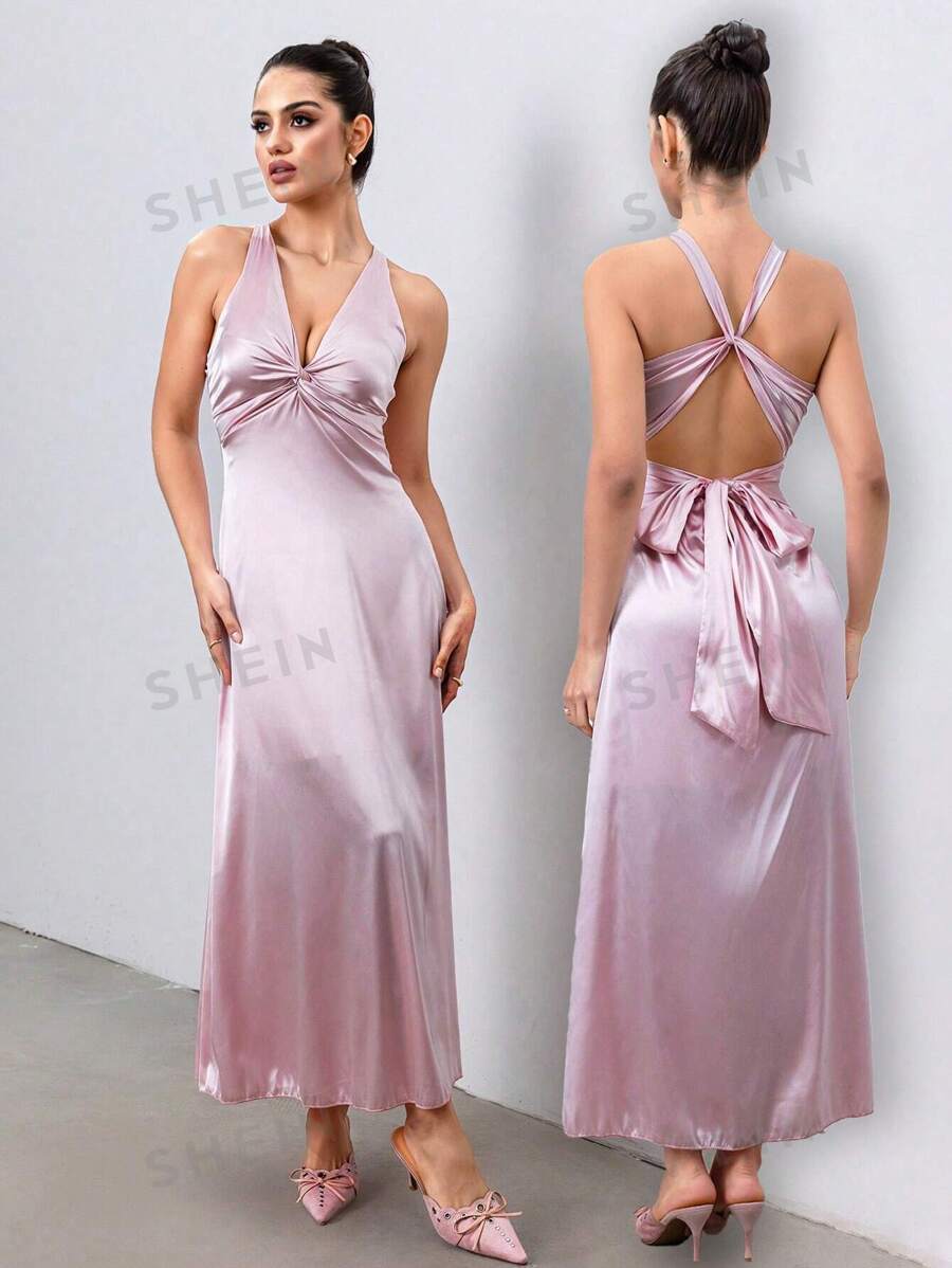 Calvaya Vestido de satén con escote en V y lazo en la parte trasera para mujeres
