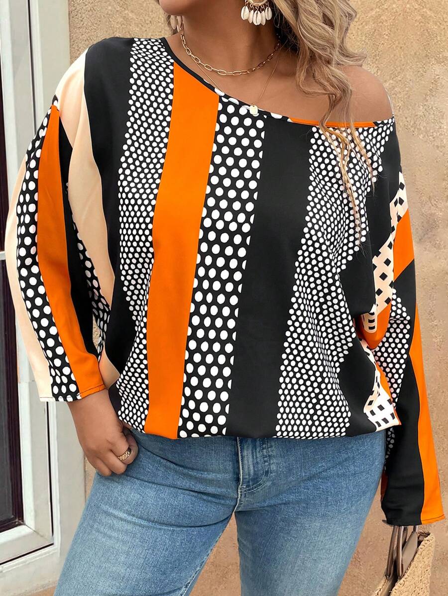 SHEIN LUNE Blusa de mujer de talla grande con estampado de rayas y lunares de colores, atuendo de rave, vestimenta occidental para mujer, bohemio, hippie, atuendo de vaquera, bohemio, festival, viejo dinero, atuendo de concierto para mujer, atuendo de rave, atuendo de primavera y verano bohemio de viejo dinero