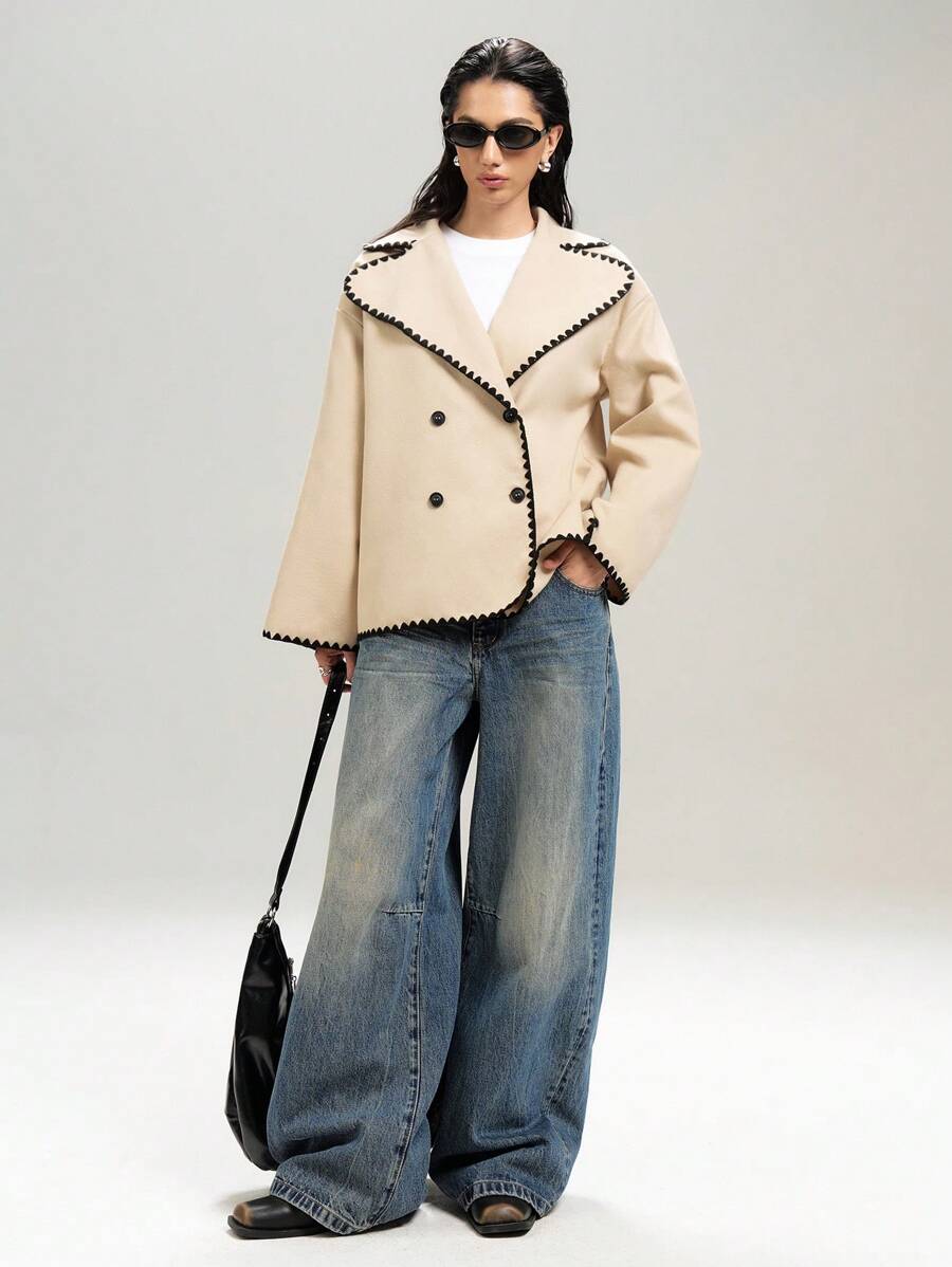 LYSMO Women Casual Contrast Binding Double-Breasted Woolen Coat, Autumn/Winter
