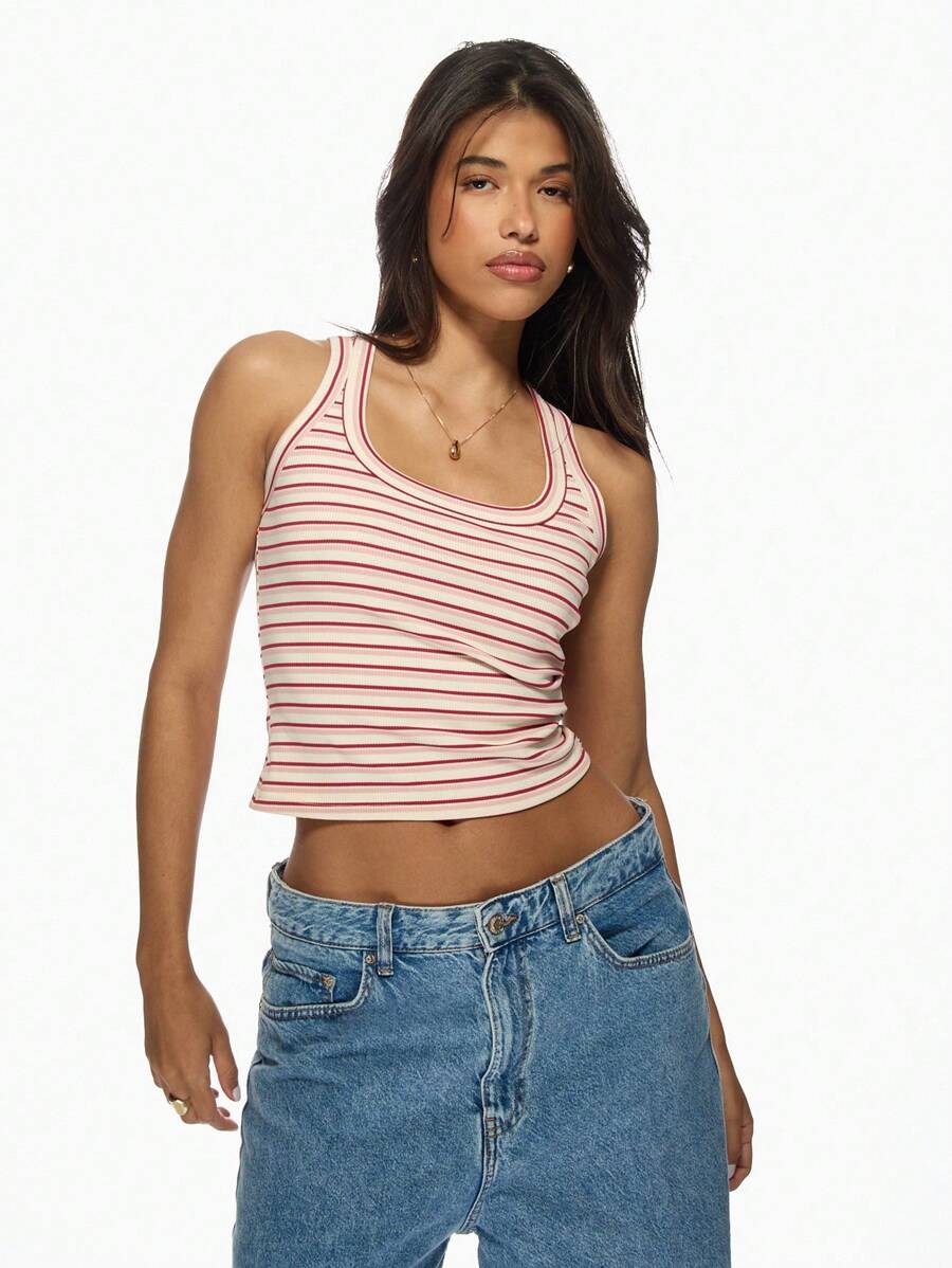 MISSGUIDED Geribbelde Racerback Tank Top Gestreept Zomer Crop Vest Basic Athletic Workout Casual Streetwear Y2K Mode