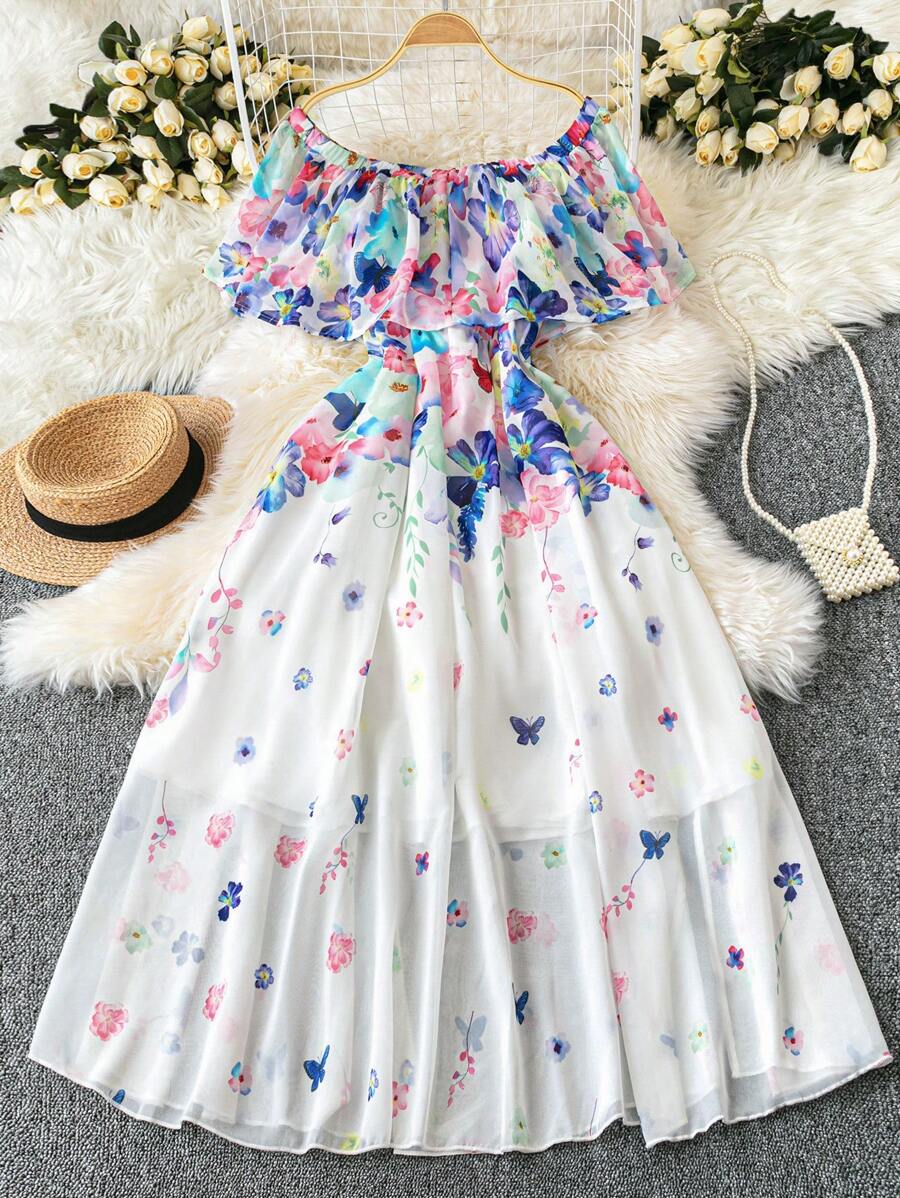 SHEIN LUNE Plus Size Ditsy Floral Chiffon Off Shoulder Cinched Waist High-Low Maxi Dress, Elegant Country Style