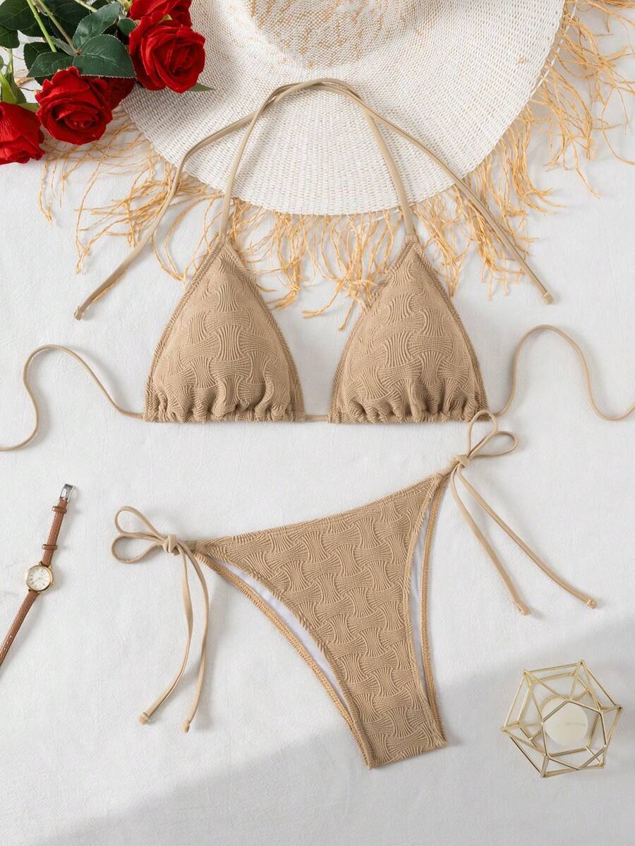 Swim Basics 2pcs Twist & Two-Tone Sexy Knit Texture Women Bikini Set, Elegant Spaghetti Strap Party/Outgoing Swimwear, For Summer Beach Vacation