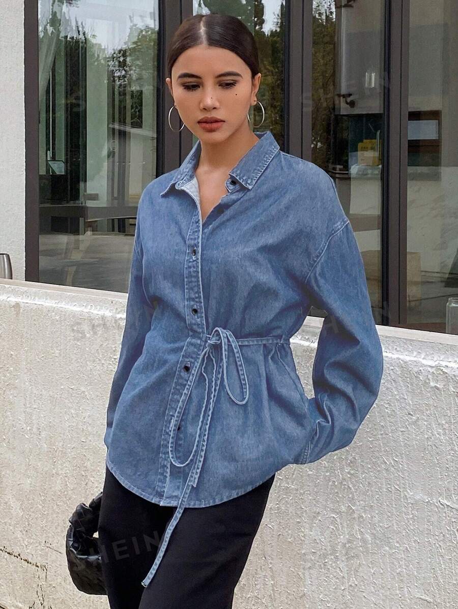 Livesso Blusa vaquera de manga larga, cuello en V con cordones y holgada, de unicolor para mujeres