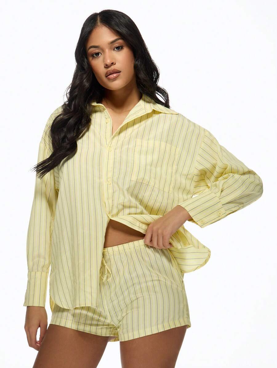 MISSGUIDED Conjunto de pijama de dos piezas estilo de rayas con camisa de manga larga con botones a juego y pantalones cortos, ropa de estar en casa de verano informal y ligera para uso en resort
