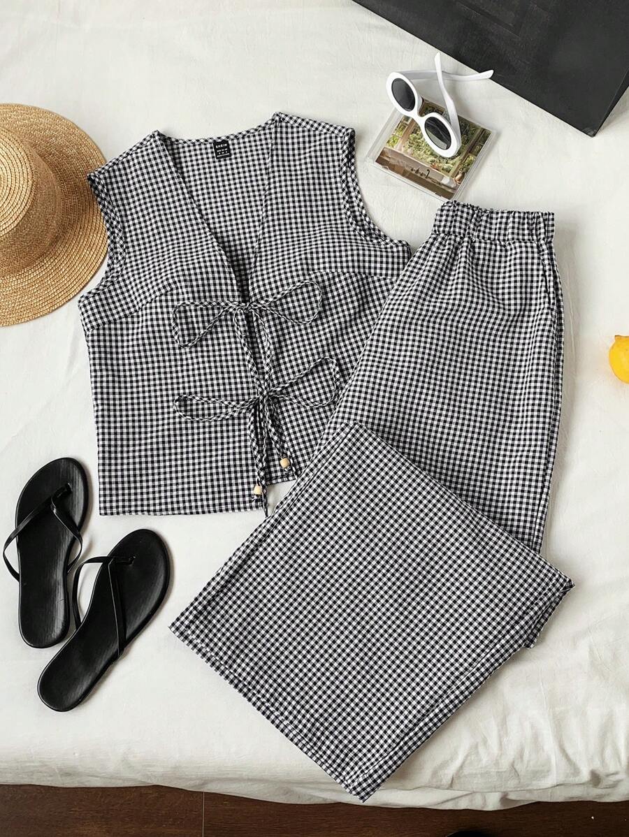Comfortcana Conjunto de 2 piezas de mujer con blusa sin mangas con lazo frontal y pantalones de pierna ancha a cuadros