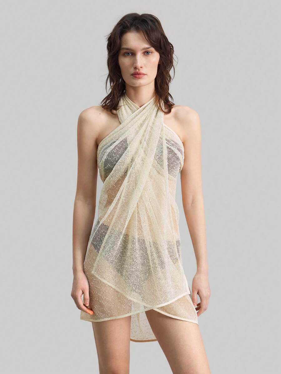 Ontre Vestido de playa de estilo vintage de uso múltiple, traje de baño de mujer con textura calada, falda envolvente transparente blanca, material especial para vacaciones en la playa, estilo bohemio