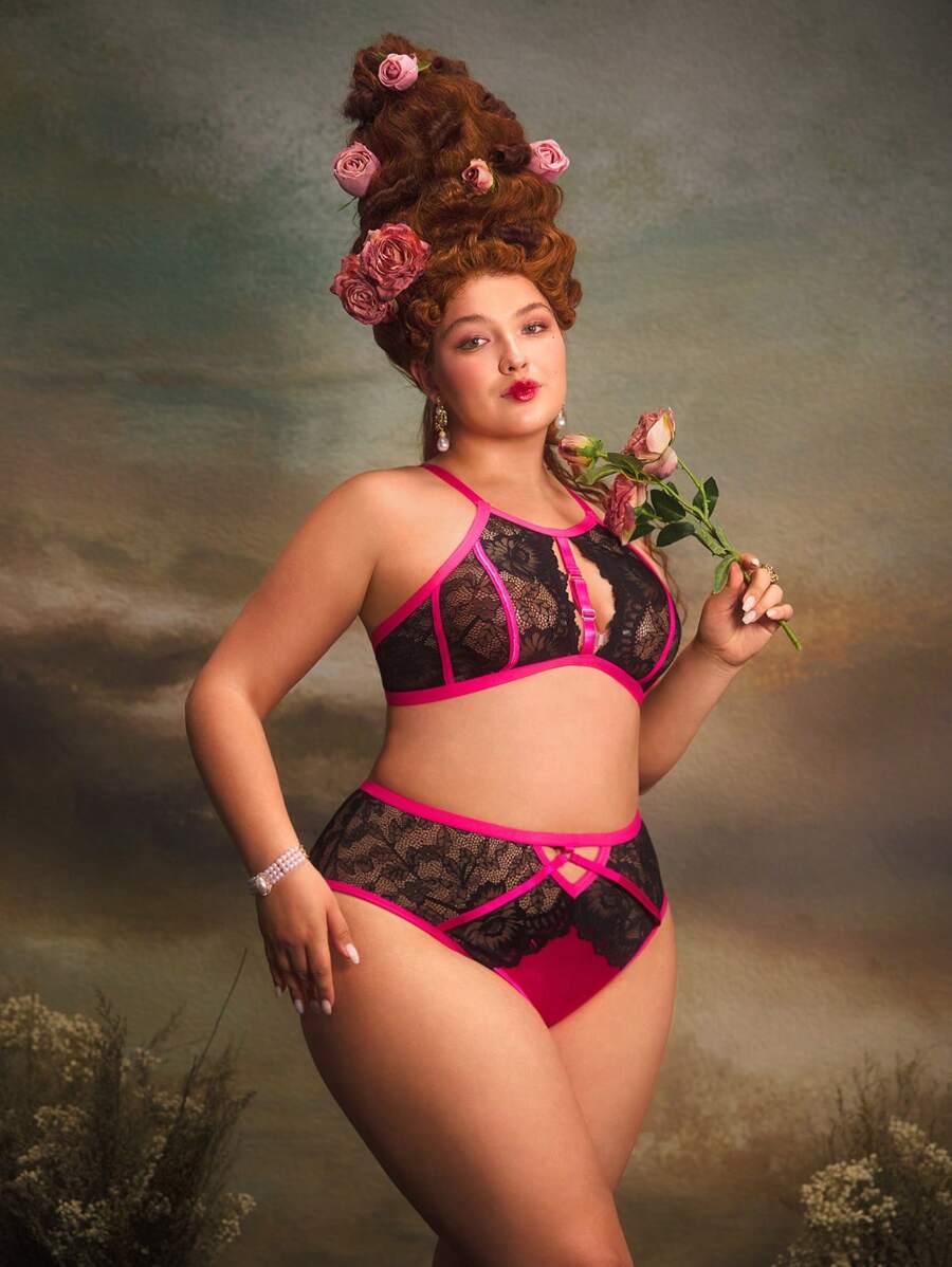 PinupGlam Lencería de talla grande sexy con encaje de espina de pescado