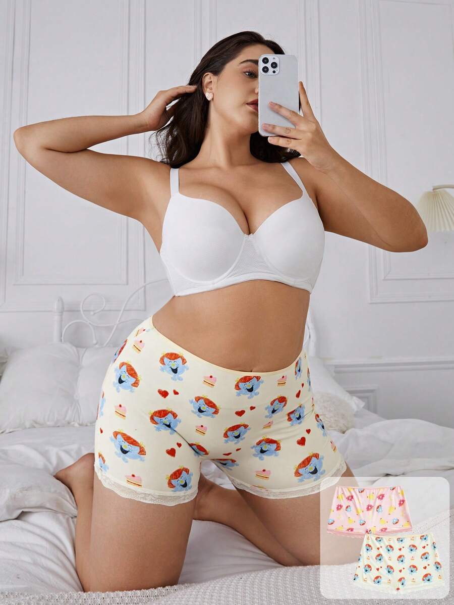 Mr Men Little Miss X SHEIN Pantis tipo hipster con panel de encaje y estampado completo para mujer de talla grande
