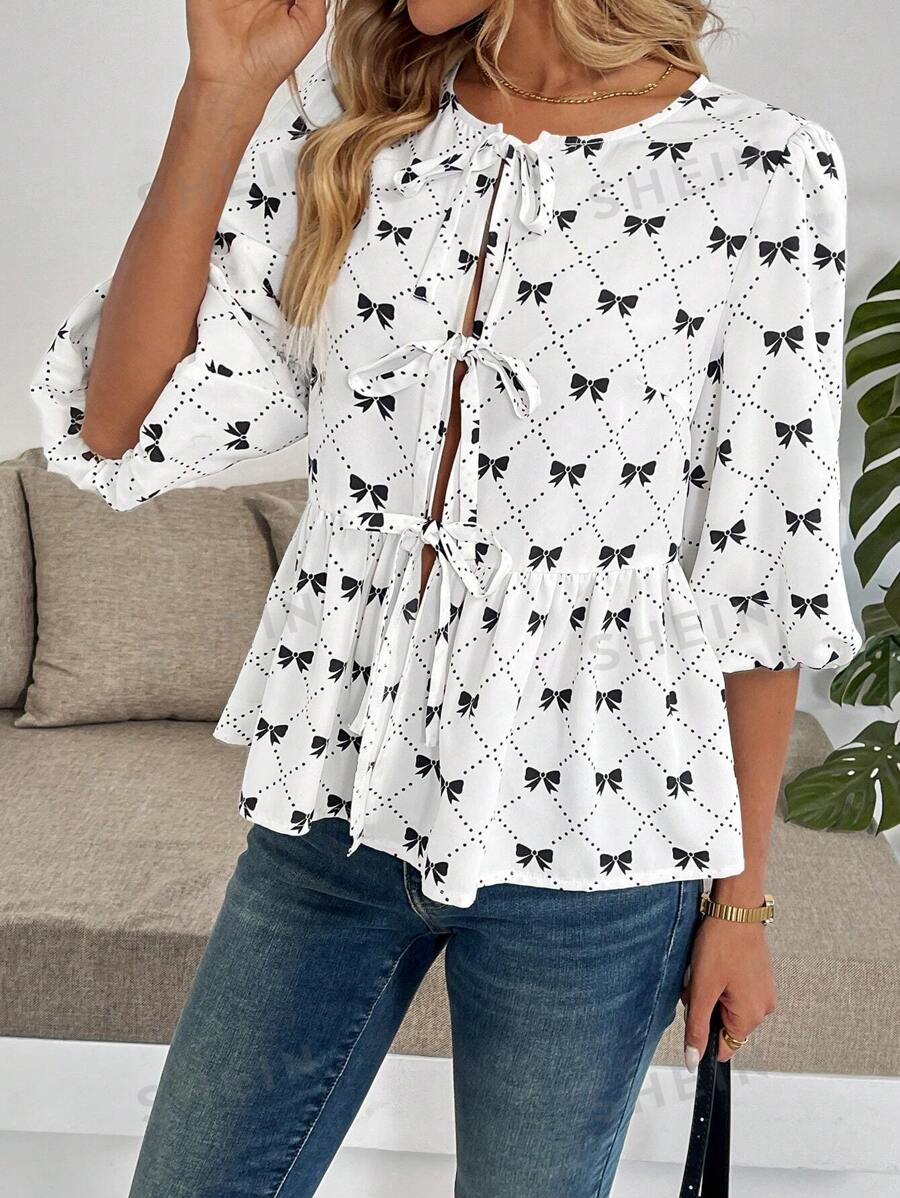 SHEIN LUNE Blusa de mujer con cuello redondo de manga corta y estampado de moño, de diseño minimalista y calce holgado, en estilo dulce, para primavera/verano