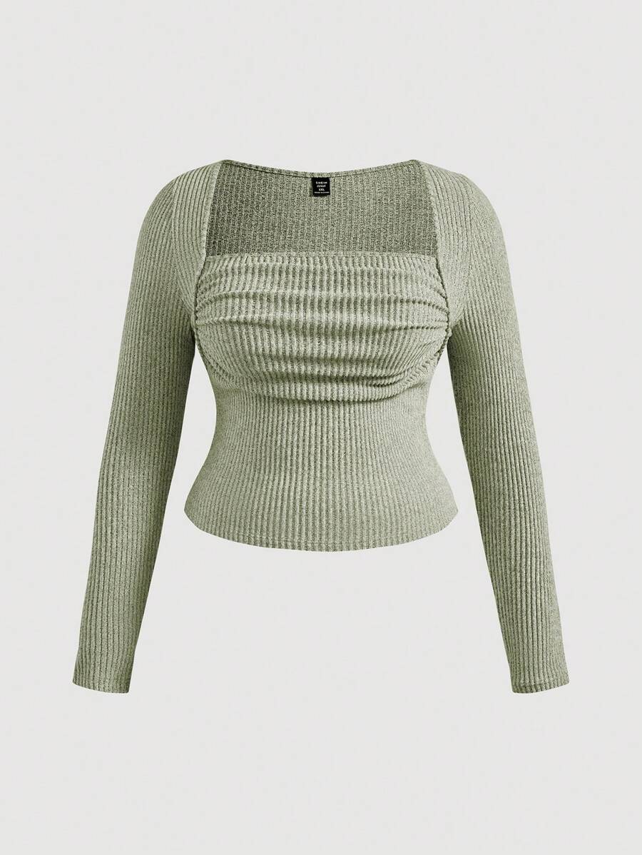 SHEIN MOD Camiseta de mujer talla grande de manga murciélago con pliegues en el pecho en color verde