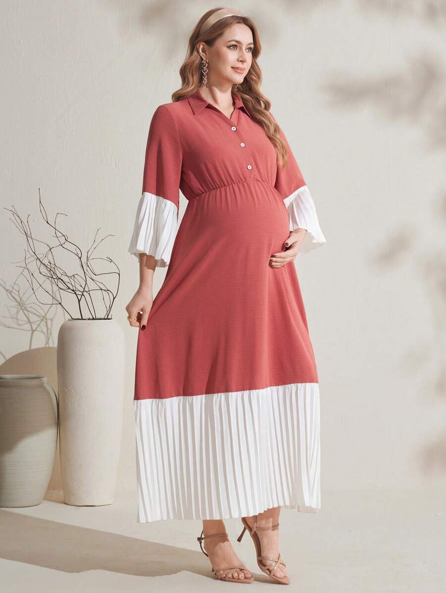 SHEIN Mixed Color Patchwork Ruched Hem Maternity Dress, Spring/Summer New Arrival