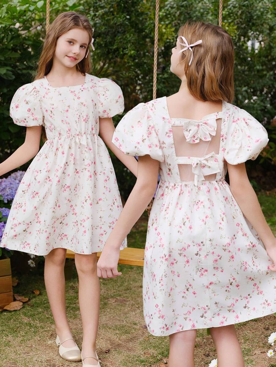 WESTFADE Young Ditsy Floral Backless Bowknot Puff Sleeve Cinched Waist Dress For Tween Girls, Vacation Sweet Style, Suitable For Traveling, Photography, Vacation, And Gatherings