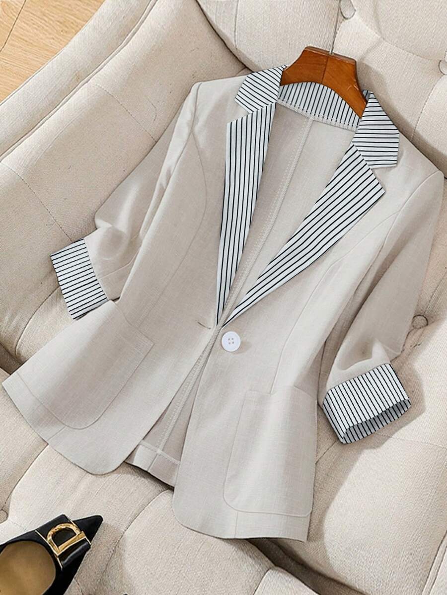 Franclia Women's Striped Splice Long Sleeve Button Casual Blazer Jacket, Suitable For Commuting, Autumn/Winter
