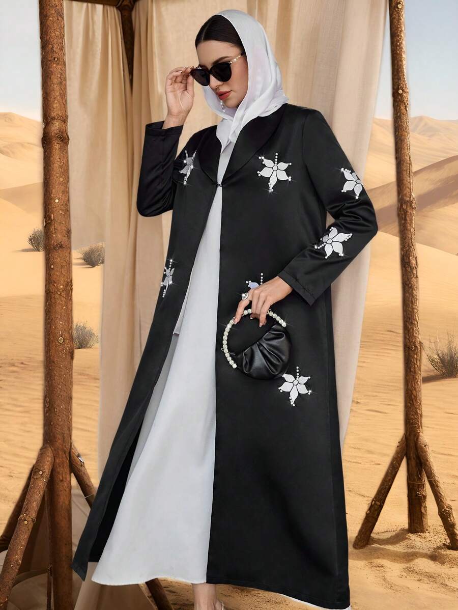 Al Najma Cárdigan árabe de mujer de manga larga con estampado floral y largo tipo maxi suelto, abayas