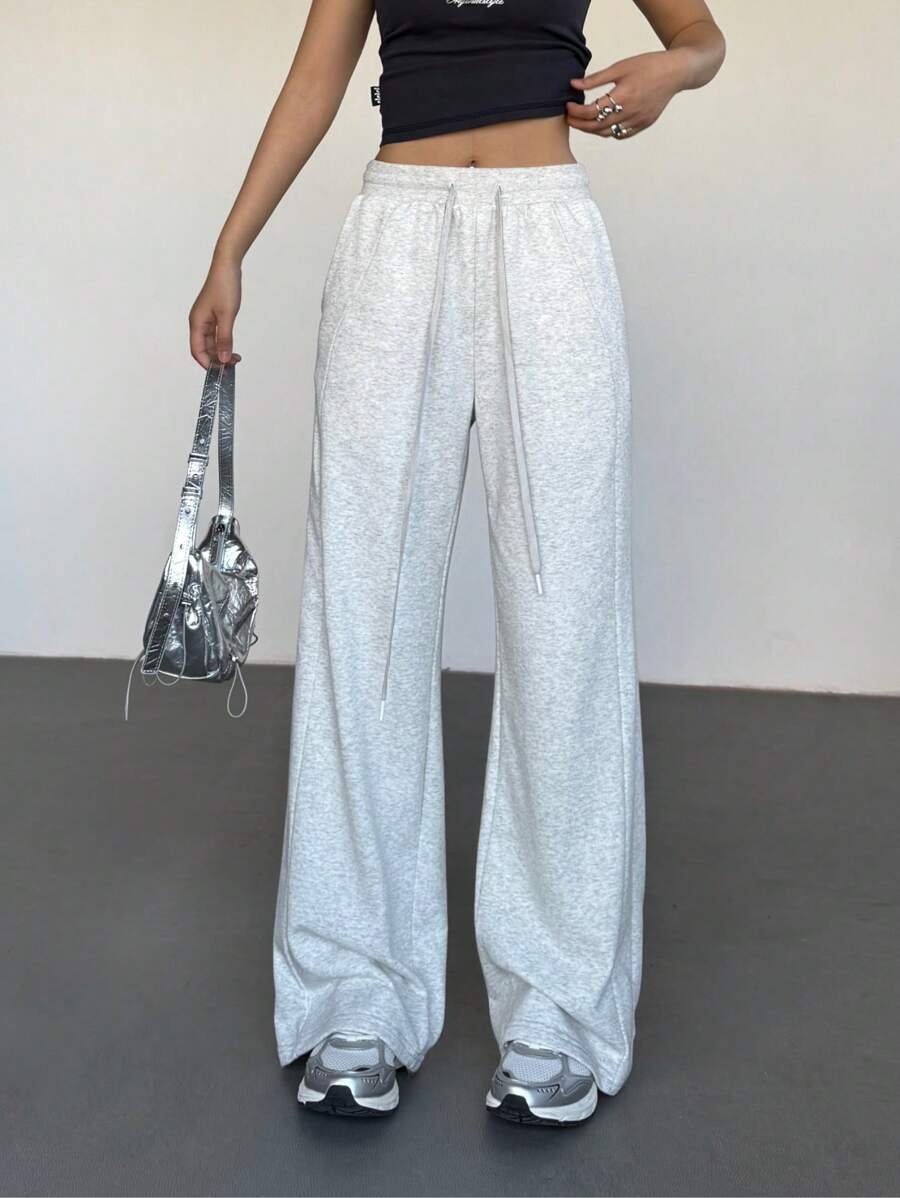 SHEIN EZwear Pantalones casuales largos con nudo delantero sencillo para mujer, casual de uso diario
