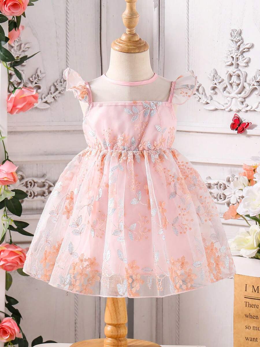 Infant/Toddler Girls Sweet Elegant Floral Embroidered Flutter Sleeve Pink Princess Dress, Casual Chic Style, Suitable For Birthday Party, Gathering Or Daily Wear, Spring/Summer New Arrival