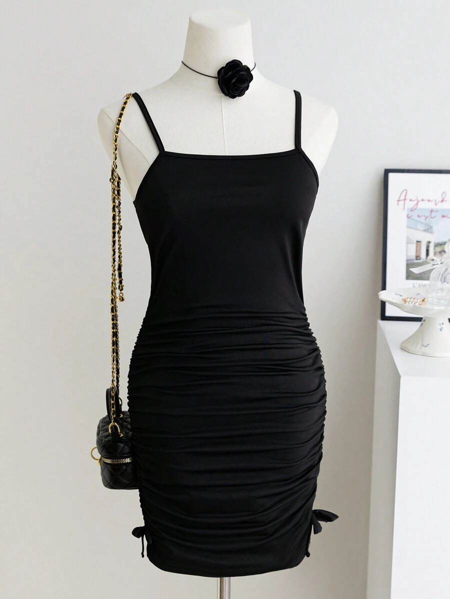 Lunivi Mädchen im Teenager-Alter Gestricktes figurnahes Kleid mit gerüschtem Träger und Seitenschleife, lässig süßer Allround-Stil Kleider für Mädchen