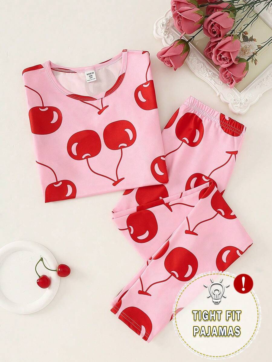 SHEIN Tween Girl Cherry Print Short Sleeve Top & Tight Fit Pants 2 Pieces Loungewear Set