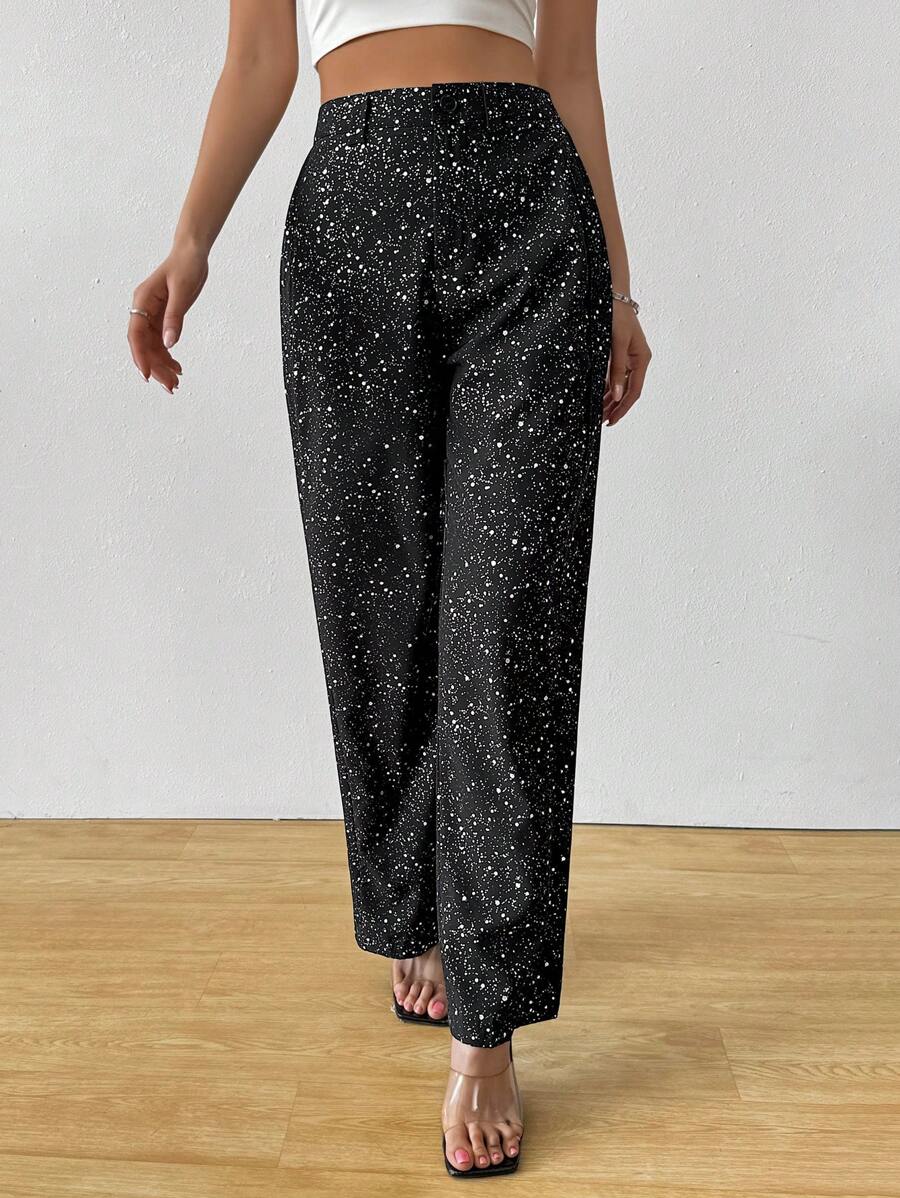 SHEIN Clasi Women's Casual High Waist Silver Foil Print Pants