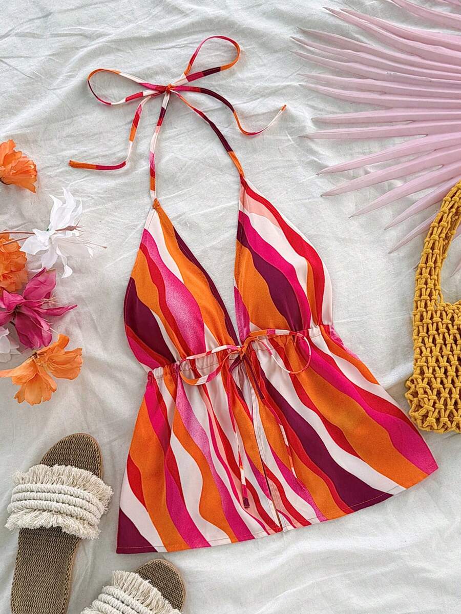Soleia Women V-Neck Tie Front A-Line Vacation Top With Orange And Magenta Striped Pattern,Western Wear Women,Festival,Boho,Hippie,Cowgirl Outfit,Old Money ,Bohemian
