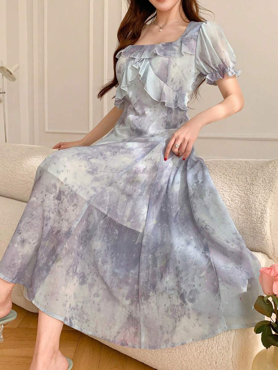 DAZY Women's Midi Length Dress With Allover Floral Print, Square Neckline And Ruffle Hem