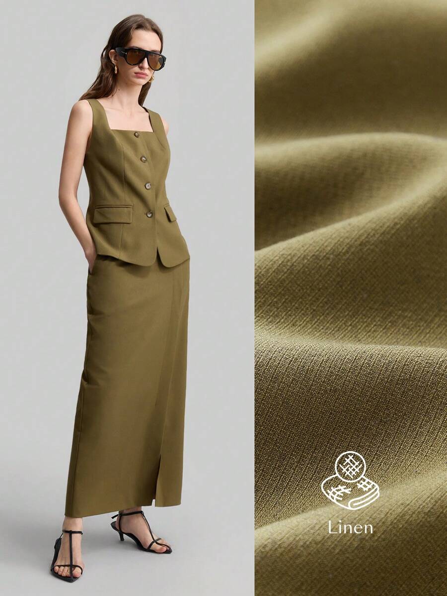 Ontre Conjunto de falda y chaleco de cuello cuadrado, de tela de lino, estilo resort, color verde militar, conjunto de uso diario, conjunto de chaleco sin mangas, traje de mujer