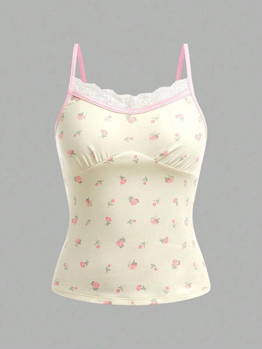 Regata Romântica de Estilo Pastoril com Renda Floral Delicada, Patchwork, Confortável e Fofa para Meninas Adolescentes