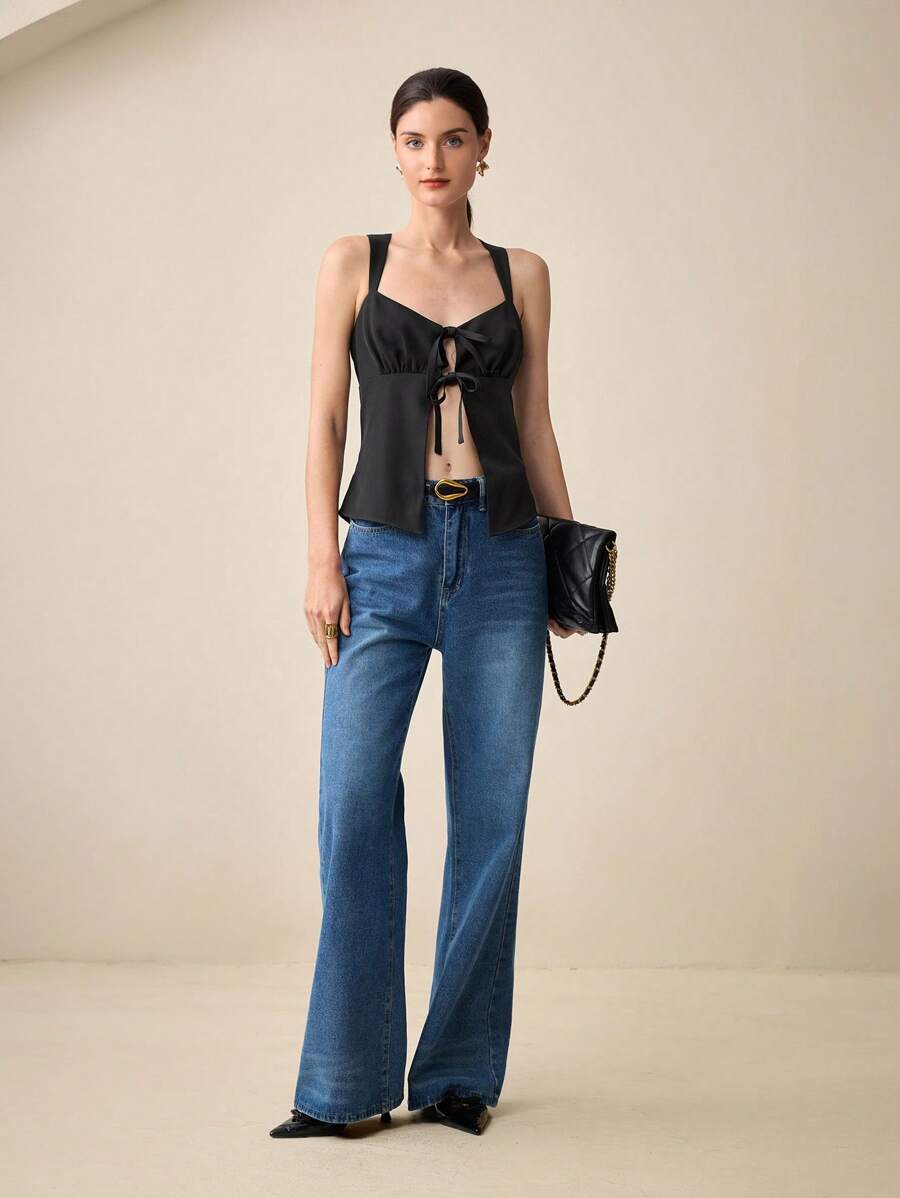 BizChic Blusa casual con cordones y volantes con correa desmontable para mujer, para oficina y uso diario, primavera/verano