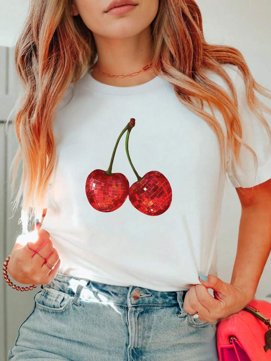 Flirla Plus Size Women's Cherry Print Round Neck Short Sleeves Casual T-Shirt For Summer Graphic Tees Women Tops
