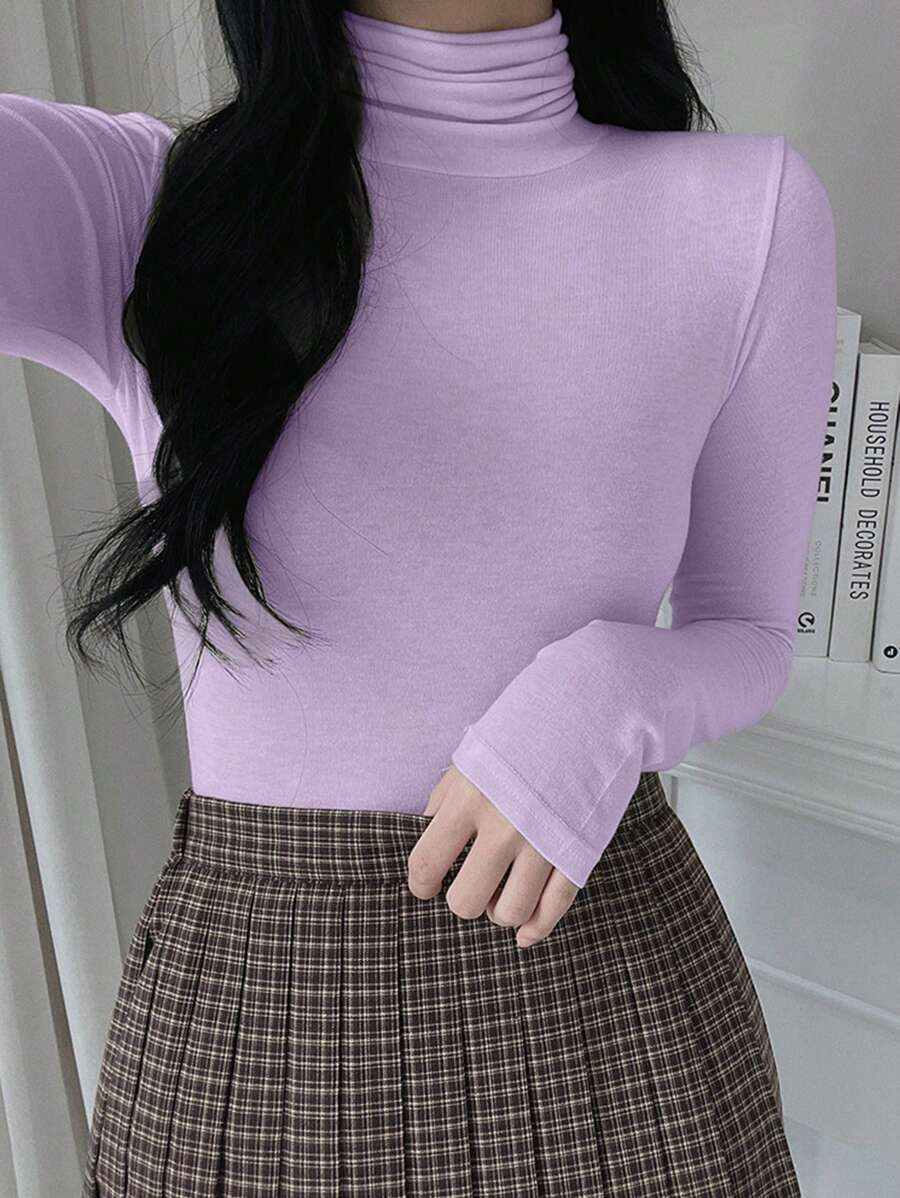 DAZY Women Solid Color Long Sleeve Slim Fit Crew Neck Tight Knit T-Shirt