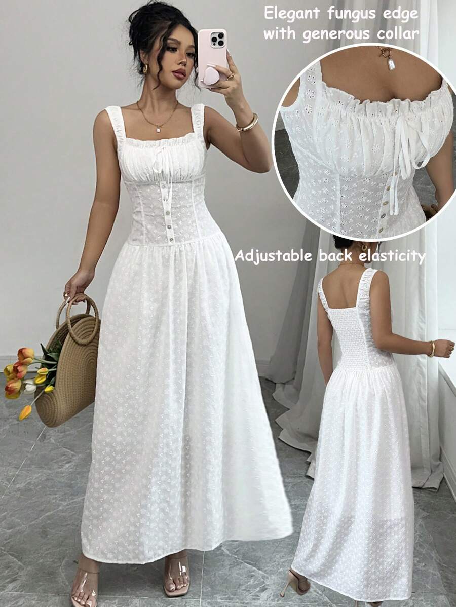 Airlisse Geborduurde effenkleurige getailleerde lijfjejurk met geplooide buste, strik aan de voorkant, ruchezoom, knoopsluiting in de taille, uitlopende jurk, elegante sexy bohemian stijl voor feestjes, vakantie, lente/zomer