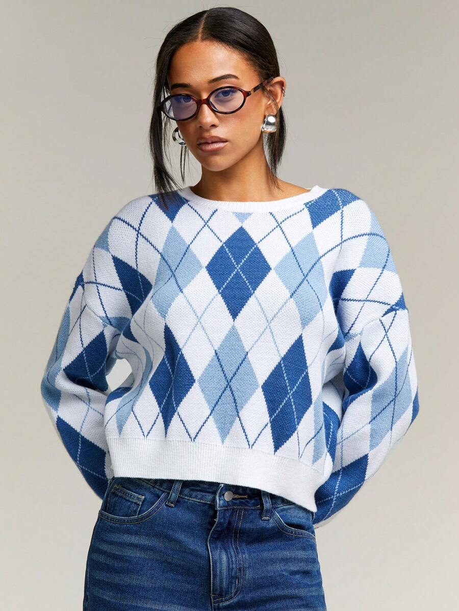Athîral Women's Geometric Pattern Drop Shoulder Long Sleeve Casual Sweater, Autumn/Winter