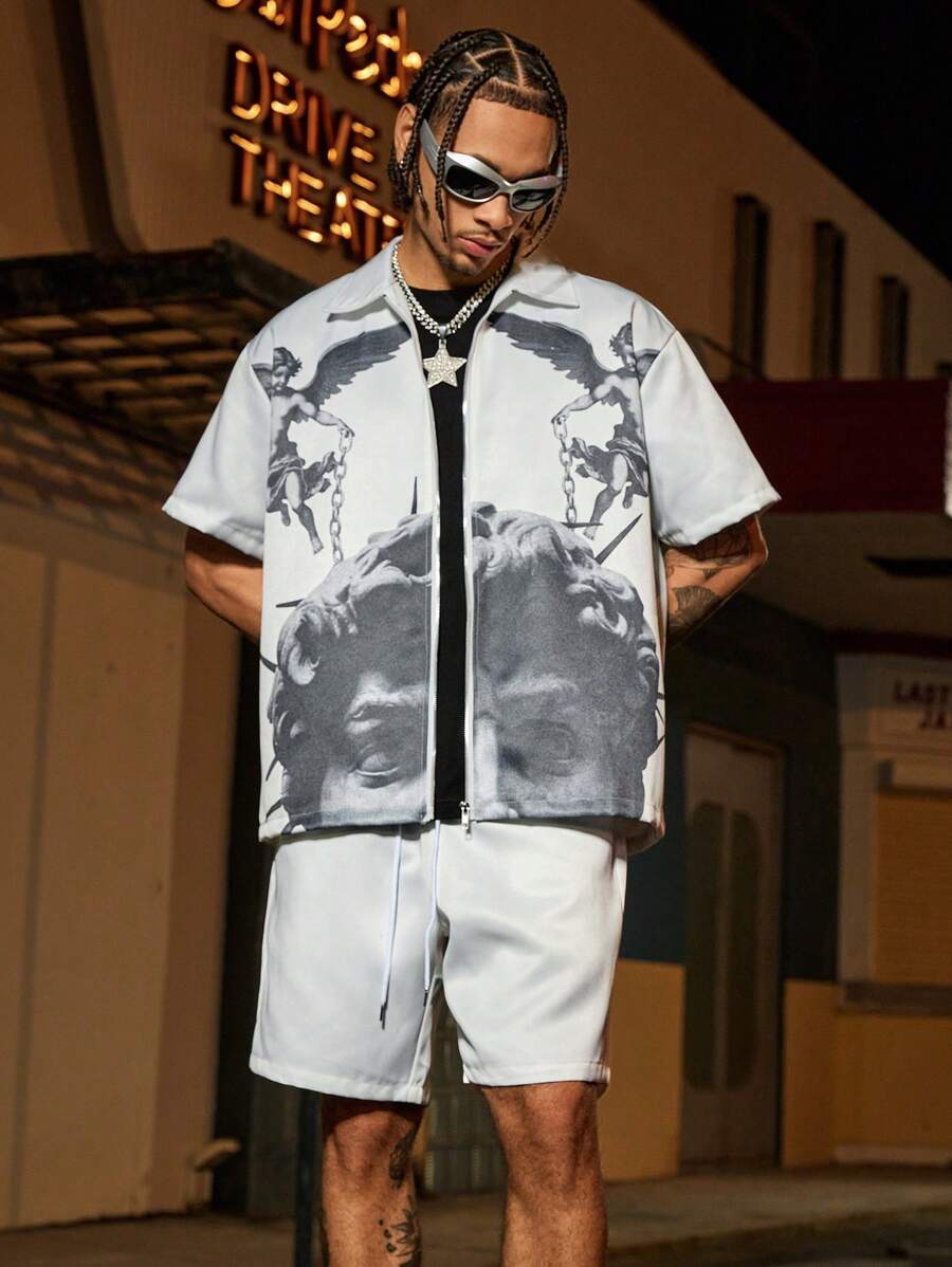 Manfinity Streetrush Conjunto de camisa para hombre Manfinity Streetrush con cremallera, corte holgado, camisa y pantalones cortos con estilo callejero y estampado de la estatua de David y querubín, regalo para novio