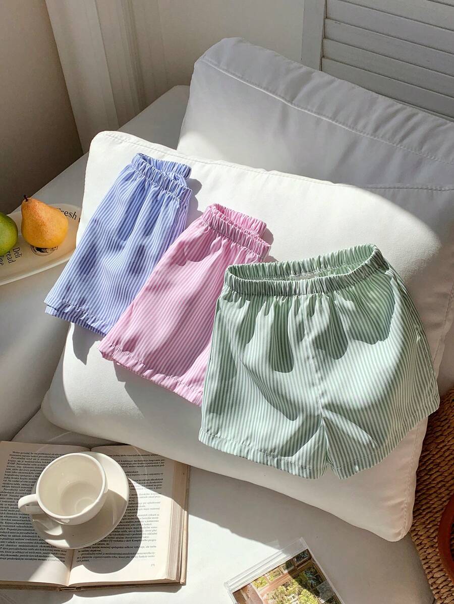 SHEIN 3pcs/Set Baby Girl Summer Cute Striped Elastic Waist Shorts