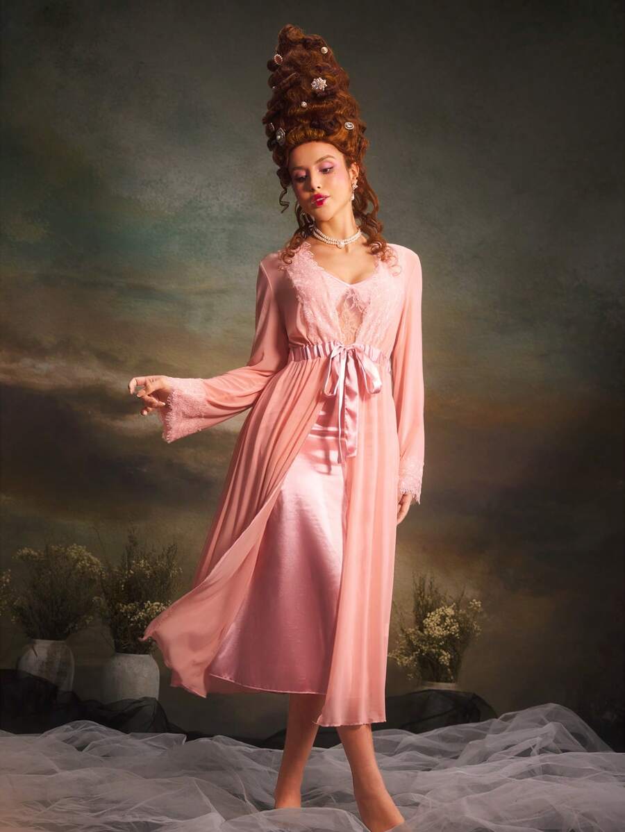 PinupGlam Retro Palace-Style Satin Mesh Lace Women Nightgown