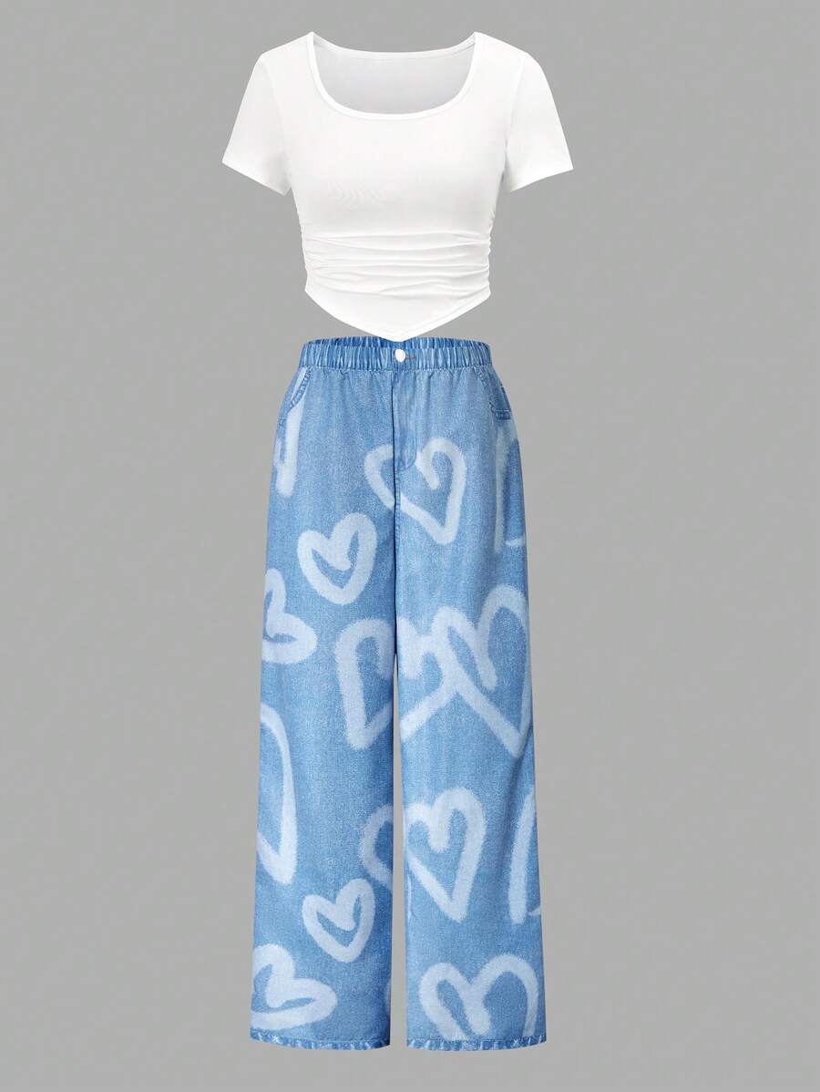Wildeya Tween-Mädchen 2-teiliges Set mit einfarbigem, asymmetrischem Kurzarm-T-Shirt und langen Hosen in Denim-Optik mit Herz-Print