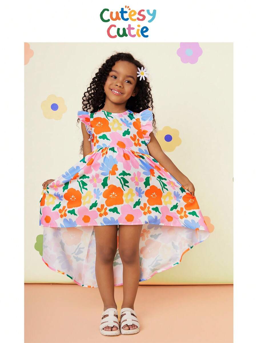 SHEIN CutesyCutie Young Girl's Woven Ditsy Floral Round Neck Ruffle Hem Fitted Dress