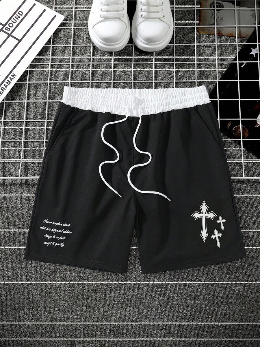Manfinity EMRG Men's Casual Loose Cross Print Shorts With Drawstring Waist, Summer Graphic Going Out Street Wear Knee Shorts Baggy Shorts, For Husband, Boyfriend Gifts