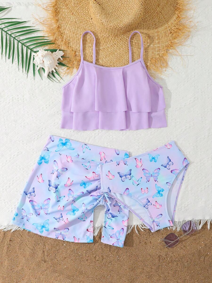Set de bikini con falda de cobertura con estampado de mariposas con volantes para adolescentes de vacaciones