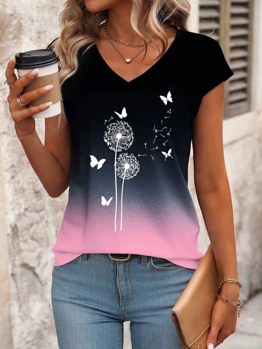 SHEIN Women's Ombre Dandelion & Butterfly Print Dolman V-Neck T-Shirt