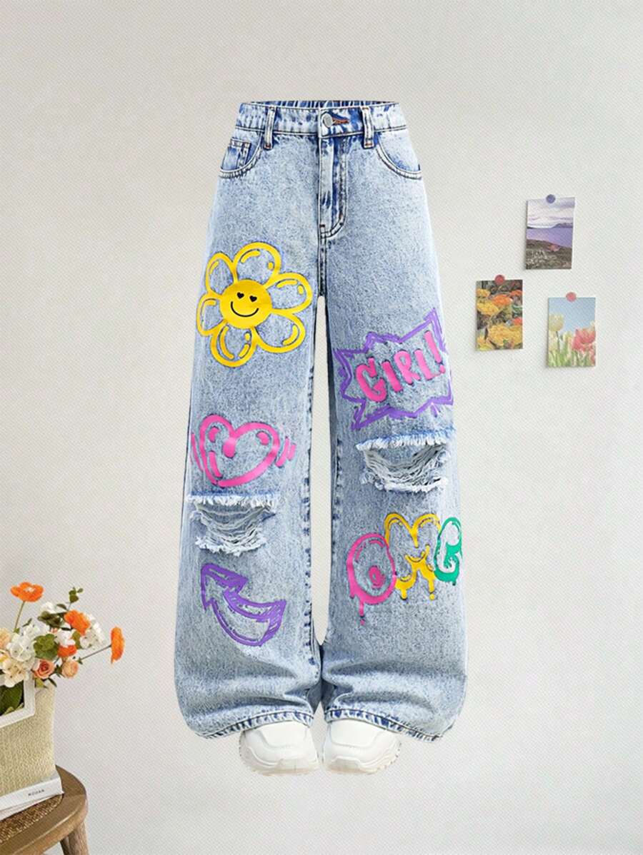 SHEIN Vaqueros de pierna ancha con estampado graffiti, desgastados y rotos con motivos de copos de nieve para niña preadolescente, pantalones rectos sueltos y lindos